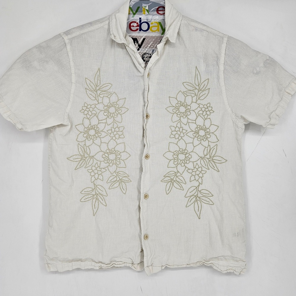 Folk Shirt Mens Medium Short Sleeve‎ Button Up White Floral Casual Linen Blend